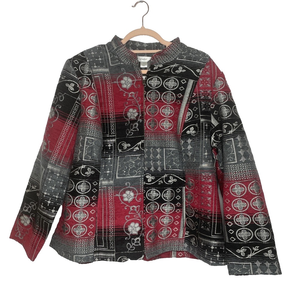 CJ Banks Womens Zip Jacket Red Black Gray Sz 2XL Holiday Christmas Old Money